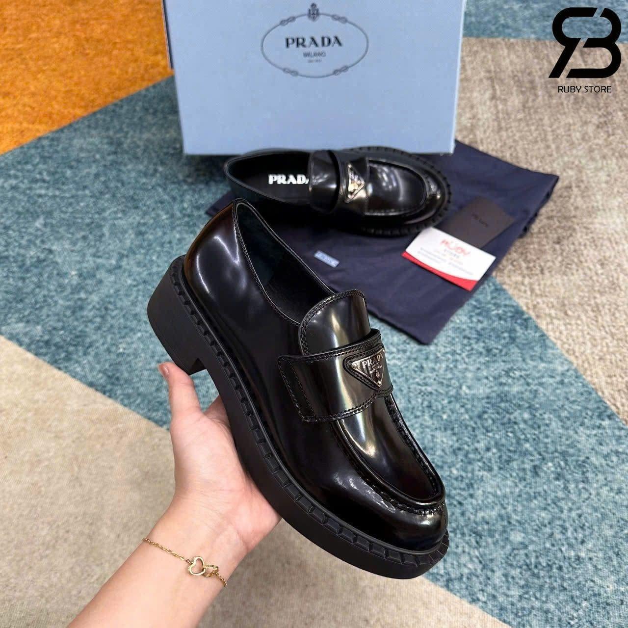 Giày Prada Chocolate Brushed Leather Loafers Black Màu đen