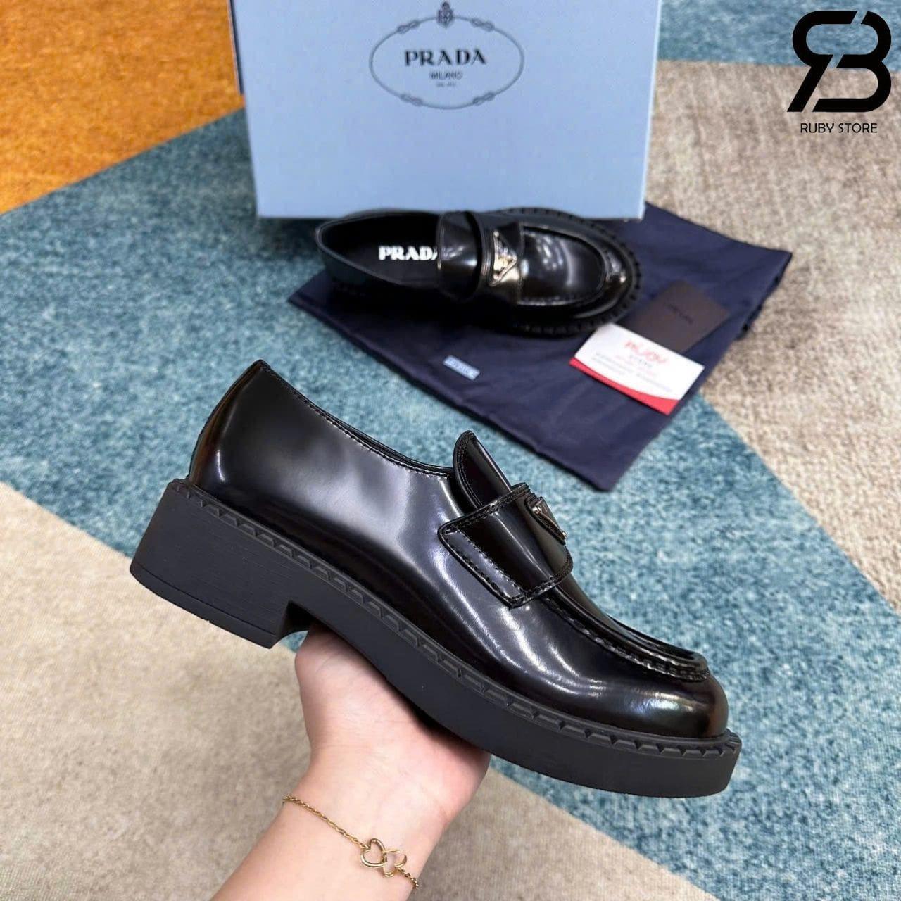 Giày Prada Chocolate Brushed Leather Loafers Black Màu đen