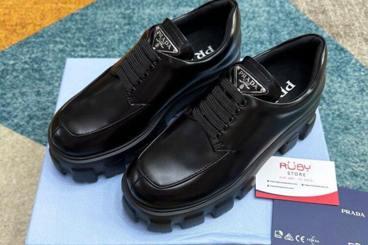 Giày Prada Monolith Brushed Leather Lace Up Loafer Màu Đen