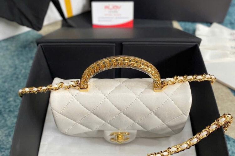 Túi CN 24SS Mini Flap Bag Top Handle White Lambskin GHW