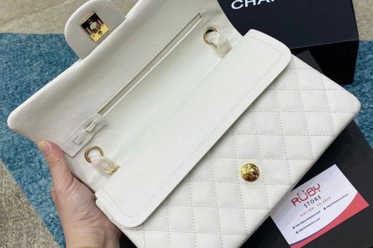 Túi CN Classic Medium White Caviar GHW Trắng Khóa Vàng