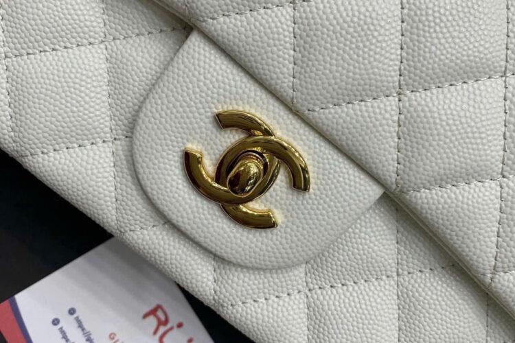 Túi CN Classic Medium White Caviar GHW Trắng Khóa Vàng