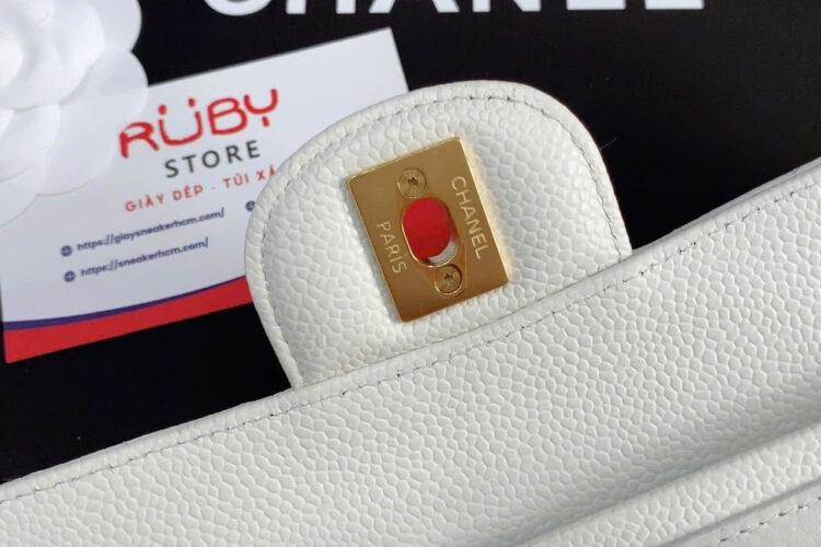 Túi CN Classic Medium White Caviar GHW Trắng Khóa Vàng Best Pháp