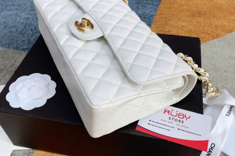 Túi CN Classic Medium White Caviar GHW Trắng Khóa Vàng Best Pháp