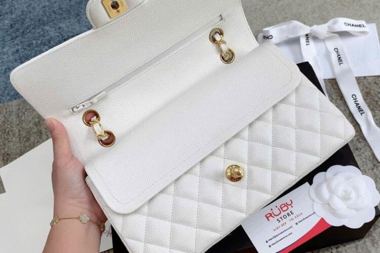 Túi CN Classic Medium White Caviar GHW Trắng Khóa Vàng Best Pháp