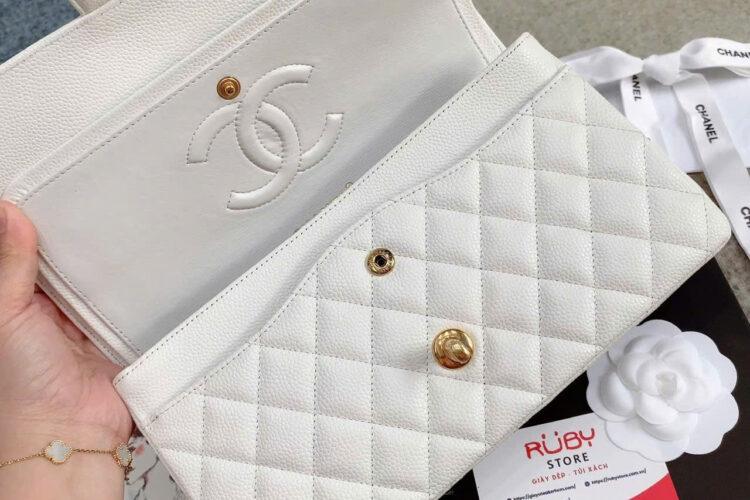 Túi CN Classic Medium White Caviar GHW Trắng Khóa Vàng Best Pháp
