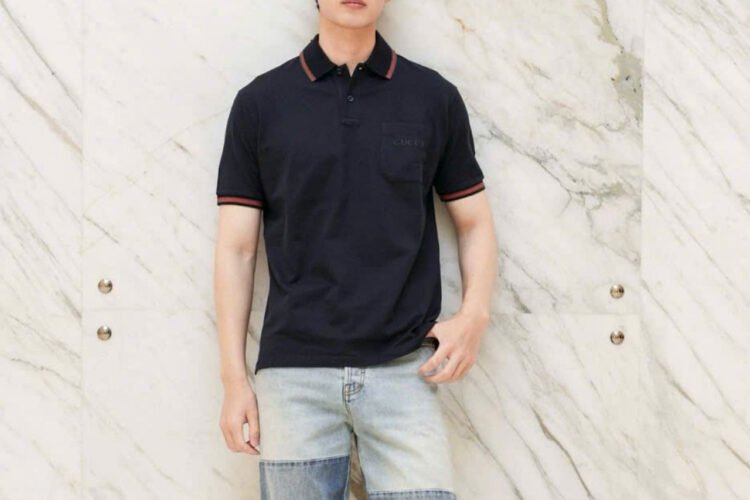 Áo Thun Gucci Cotton Polo Shirt Embroidered Stretch Dark Blue SS25 Xanh Đậm