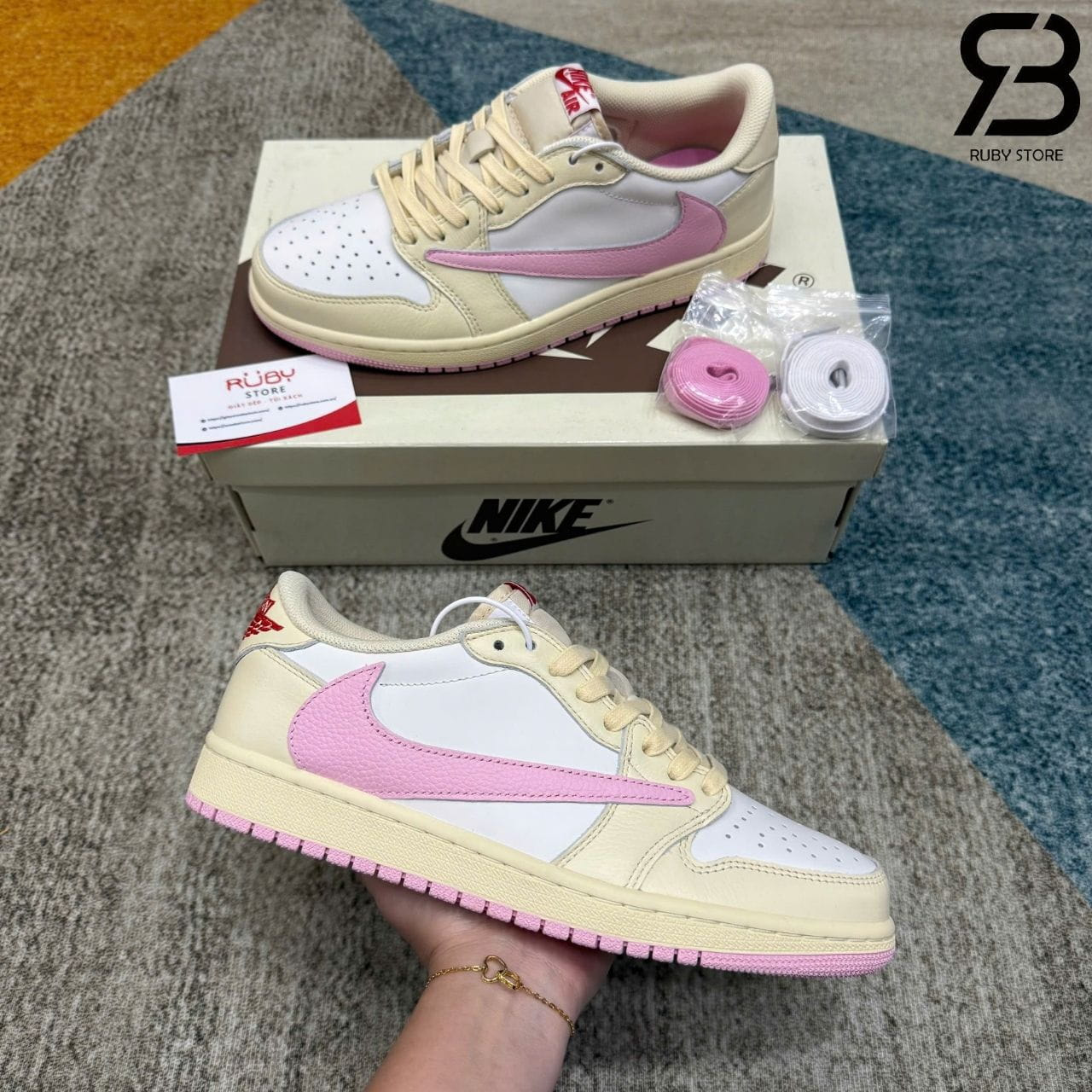 Giày Air Jordan 1 Low OG Travis Scott Muslin Shy Pink Trắng hồng
