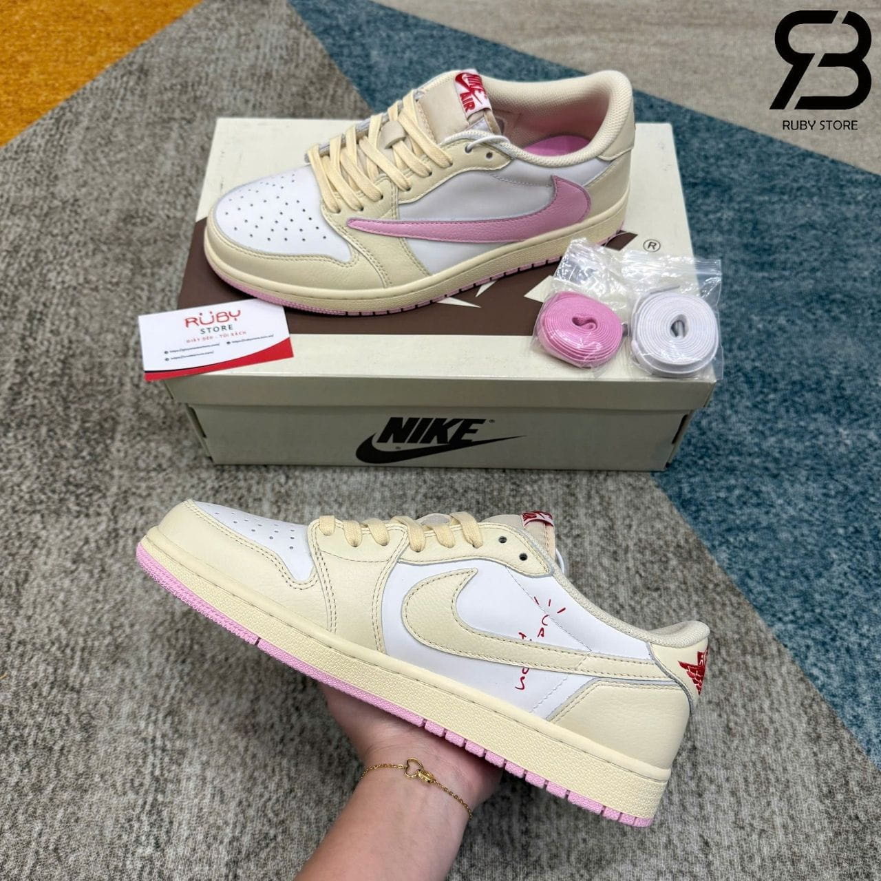 Giày Air Jordan 1 Low OG Travis Scott Muslin Shy Pink Trắng hồng