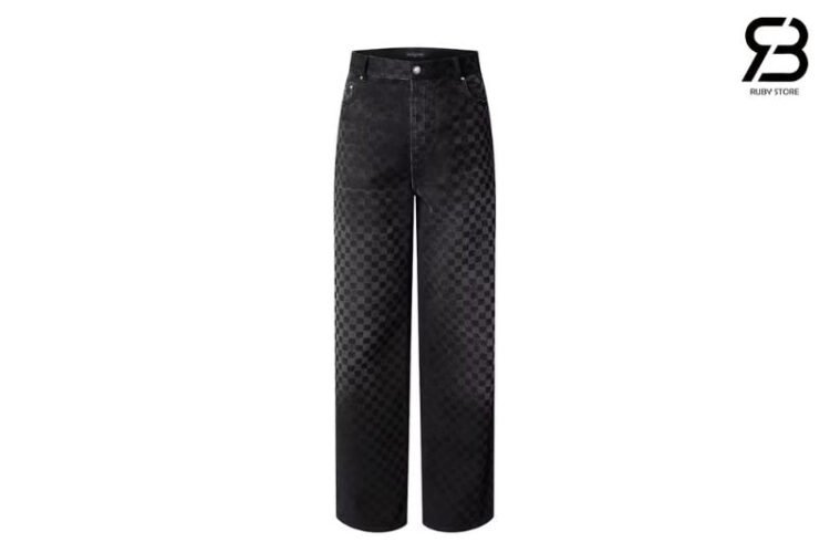 Quần Jean LV Flocked Damier Denim Wide-Leg Pants Black Đen
