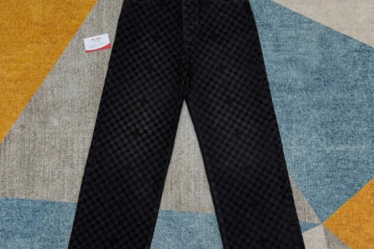 Quần Jean LV Flocked Damier Denim Wide-Leg Pants Black Đen