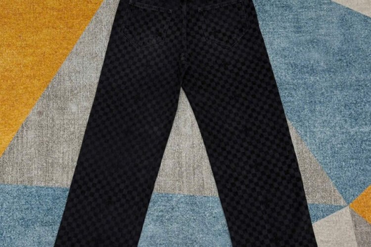 Quần Jean LV Flocked Damier Denim Wide-Leg Pants Black Đen