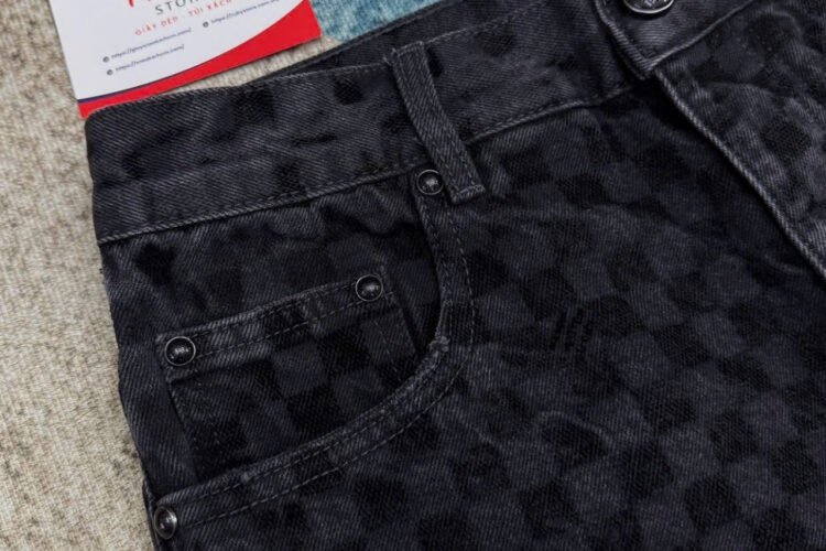 Quần Jean LV Flocked Damier Denim Wide-Leg Pants Black Đen