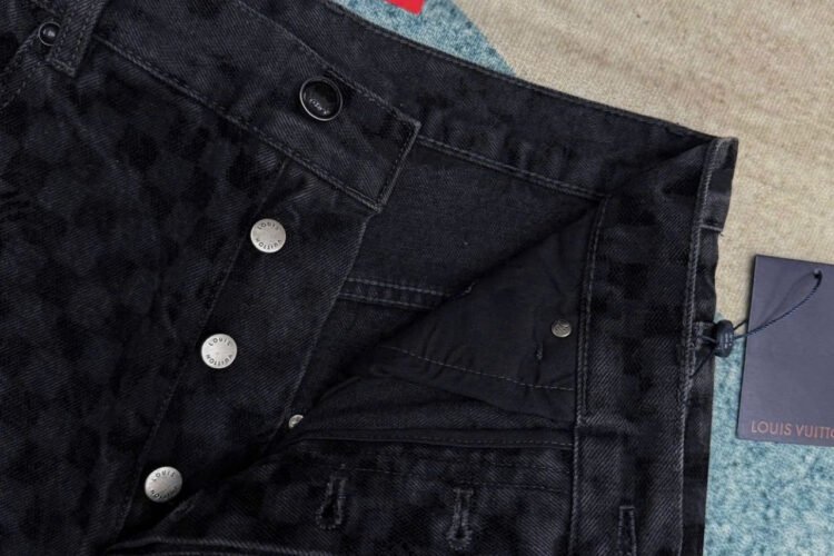 Quần Jean LV Flocked Damier Denim Wide-Leg Pants Black Đen