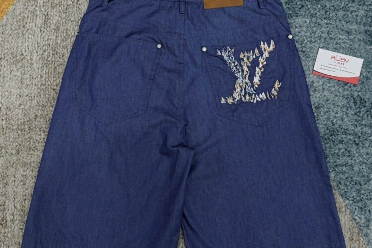 Quần Short LV Embroidered Chambray Shorts Xanh Dương