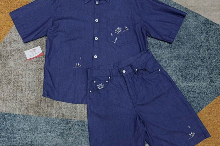 Quần Short LV Embroidered Chambray Shorts Xanh Dương
