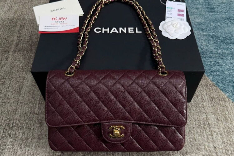 Túi CN Classic Medium Burgundy Caviar Đỏ Vang Nắp Có Viền
