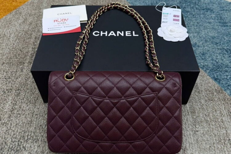 Túi CN Classic Medium Burgundy Caviar Đỏ Vang Nắp Có Viền