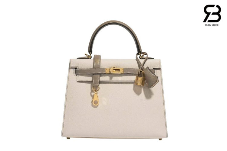 Túi Hermes Kelly 25 Sellier Craie Etain Epsom GHW Màu Kem