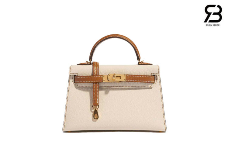Túi Hermes Mini Kelly II Craie Gold Epsom GHW Màu Kem Nâu Best Quality