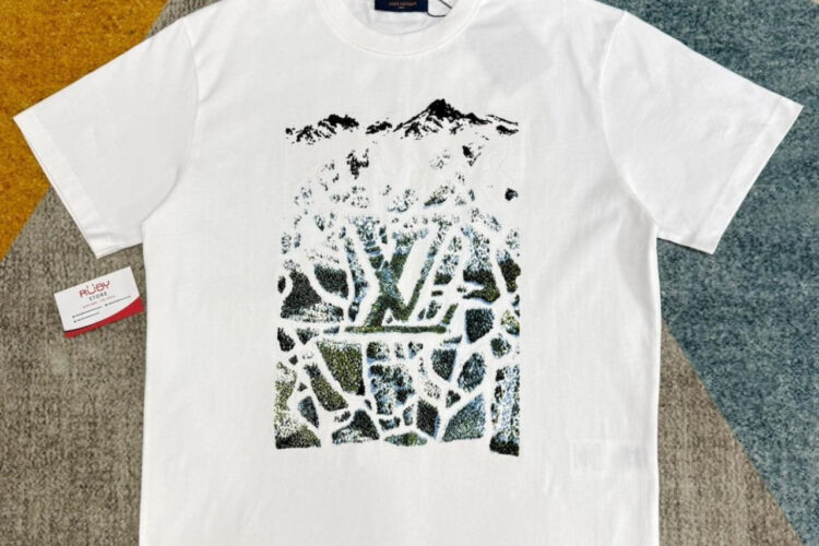 Áo LV Ski Velvet Jacquard Short-Sleeved T-Shirt White Mountain