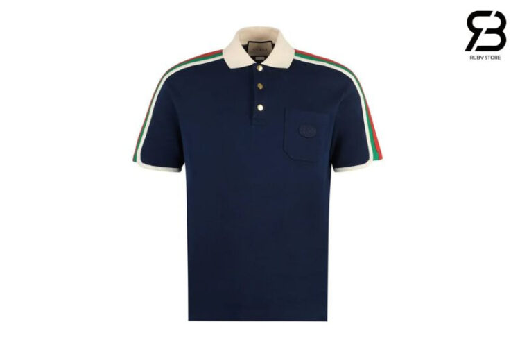 Áo Thun Gucci Cotton Jersey Polo Shirt With Web Navy Màu Xanh đậm