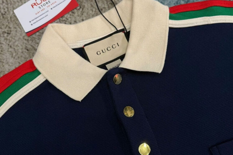 Áo Thun Gucci Cotton Jersey Polo Shirt With Web Navy Màu Xanh ­đậm
