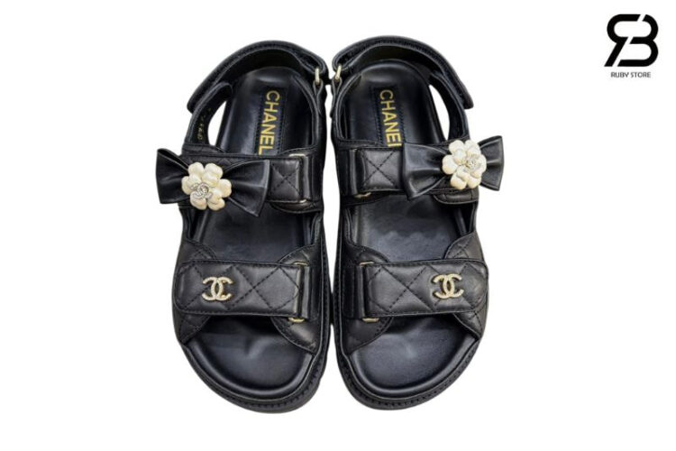 Dép CN Dad Sandal Camellia Ribbon Black Lambskin Màu Đen