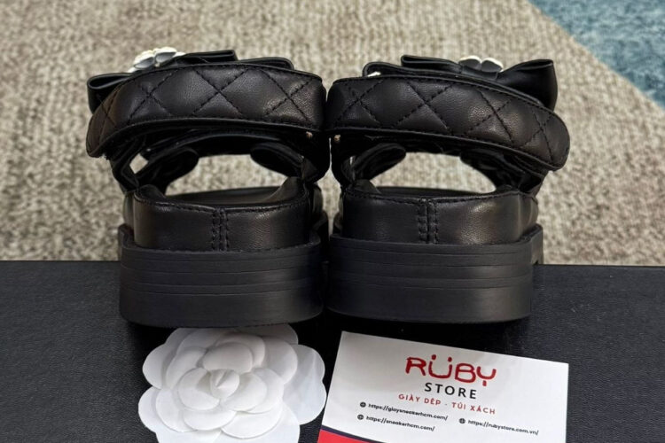 Dép CN Dad Sandal Camellia Ribbon Black Lambskin Màu Đen