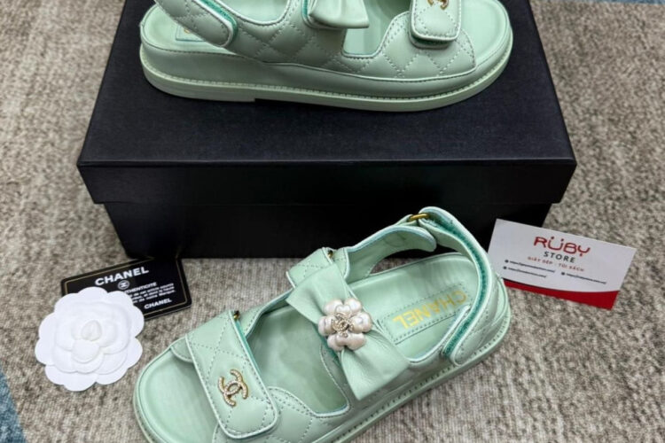 Dép CN Dad Sandal Camellia Ribbon Mint Green Lambskin Màu Xanh Mint