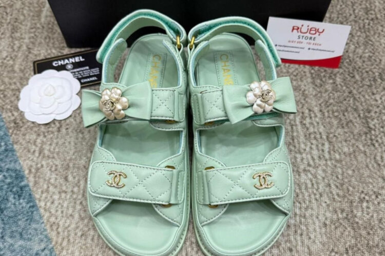 Dép CN Dad Sandal Camellia Ribbon Mint Green Lambskin Màu Xanh Mint