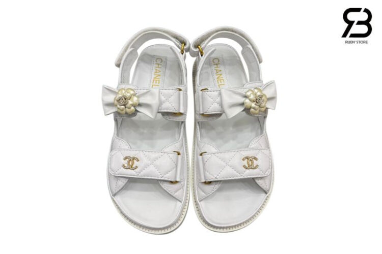 Dép CN Dad Sandal Camellia Ribbon White Lambskin Màu Trắng