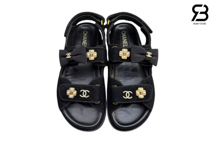Dép CN Dad Sandal Pearl Ribbon Black Suede Màu Đen