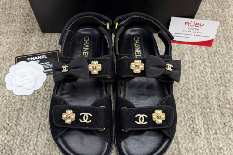 Dép CN Dad Sandal Pearl Ribbon Black Suede Màu Đen