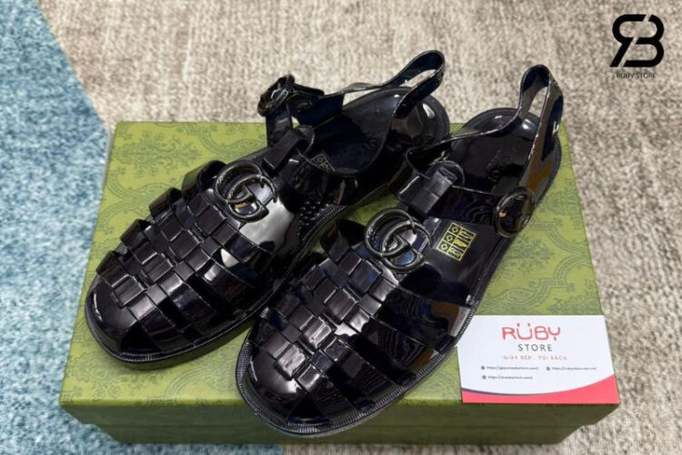 Dép RÍ Gucci Rubber Buckle Strap Sandal Xanh Navy