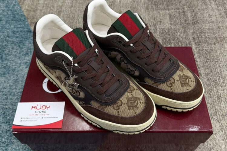 Giày Gucci Re-Web Trainer Beige And Dark Brown GG Canvas Be Nâu