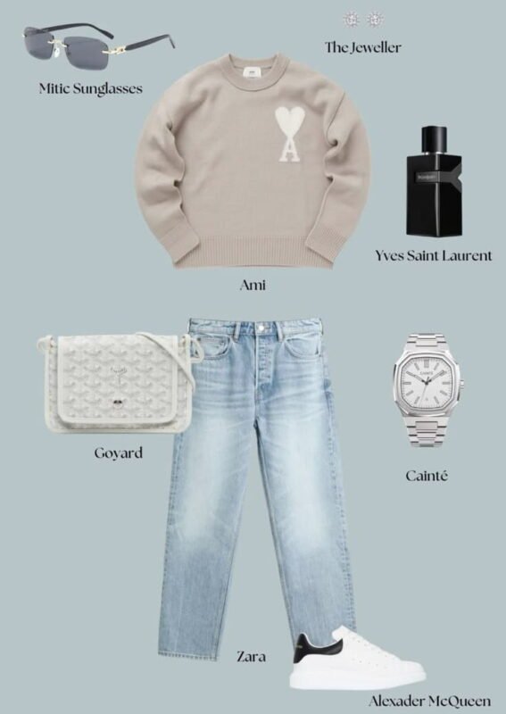 Phối đồ với giày McQueen trắng gót đen với quần Jean xanh và Sweater