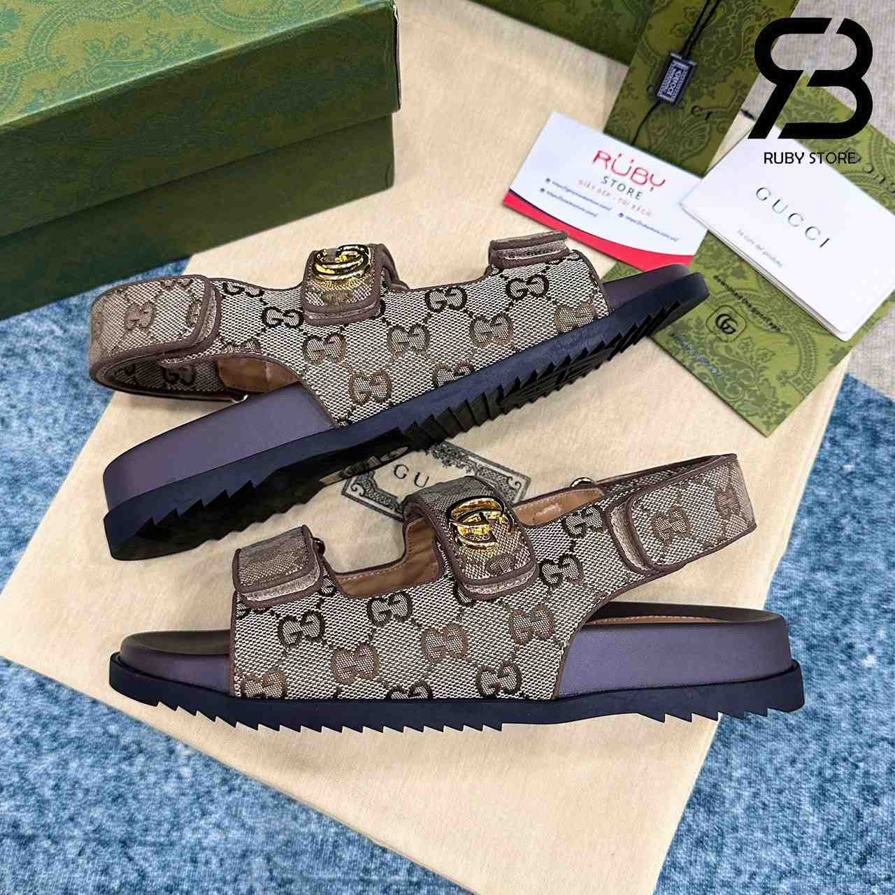 Dép Gucci Sandal With Double G Beige Ebony GG Canvas Be Nâu
