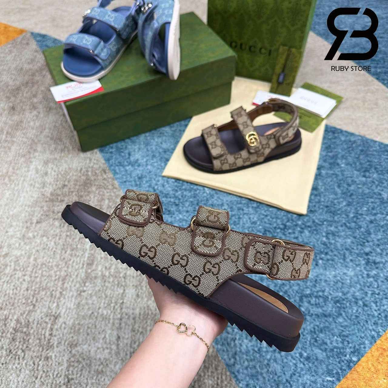 Dép Gucci Sandal With Double G Beige Ebony GG Canvas Be Nâu