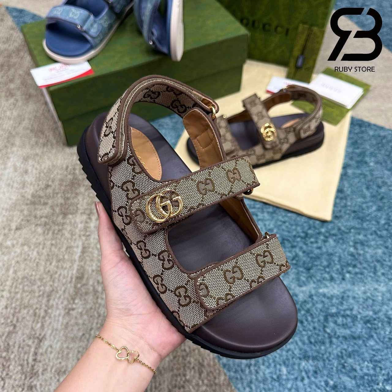 Dép Gucci Sandal With Double G Beige Ebony GG Canvas Be Nâu