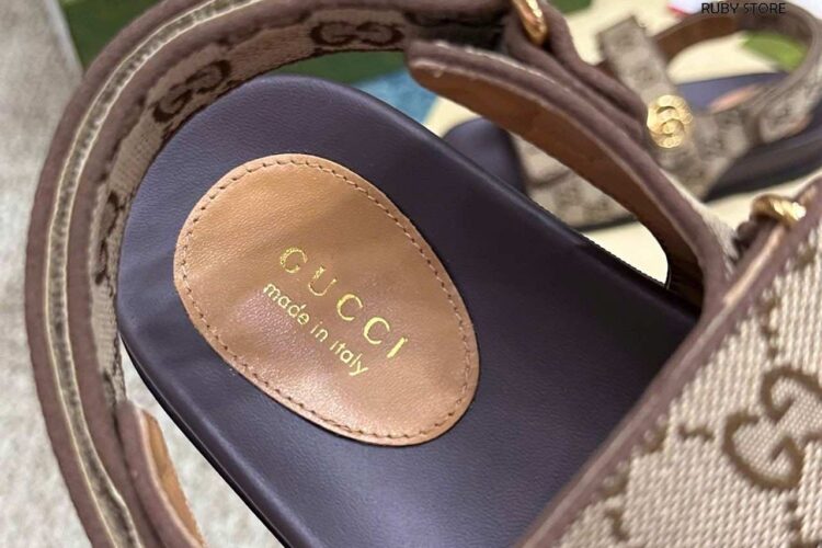 Dép Gucci Sandal With Double G Beige Ebony GG Canvas Be Nâu
