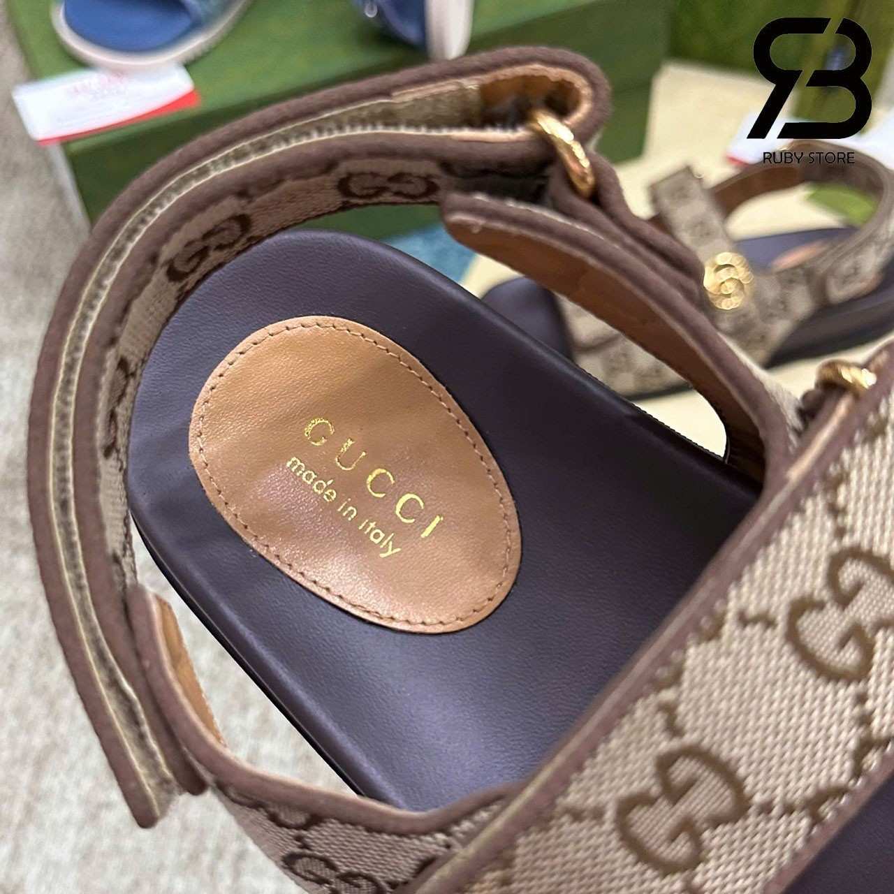 Dép Gucci Sandal With Double G Beige Ebony GG Canvas Be Nâu