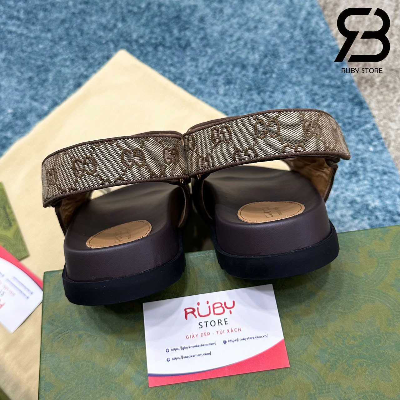 Dép Gucci Sandal With Double G Beige Ebony GG Canvas Be Nâu