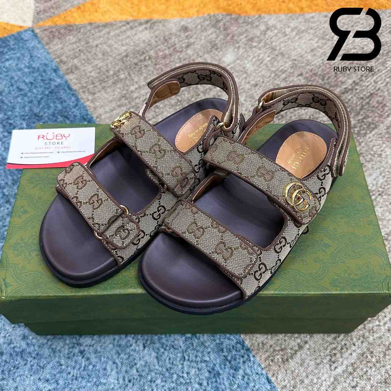 Dép Gucci Sandal With Double G Beige Ebony GG Canvas Be Nâu