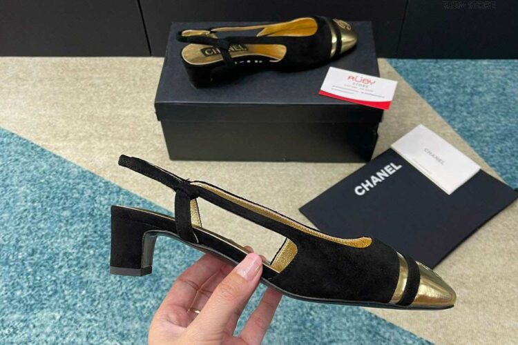 Giày Cao Gót CN 24C Slingback Black Suede Gold CC Logo Đen Vàng Best Deal (Size 37)