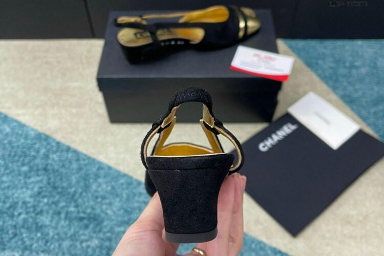 Giày Cao Gót CN 24C Slingback Black Suede Gold CC Logo Đen Vàng Best Deal (Size 37)