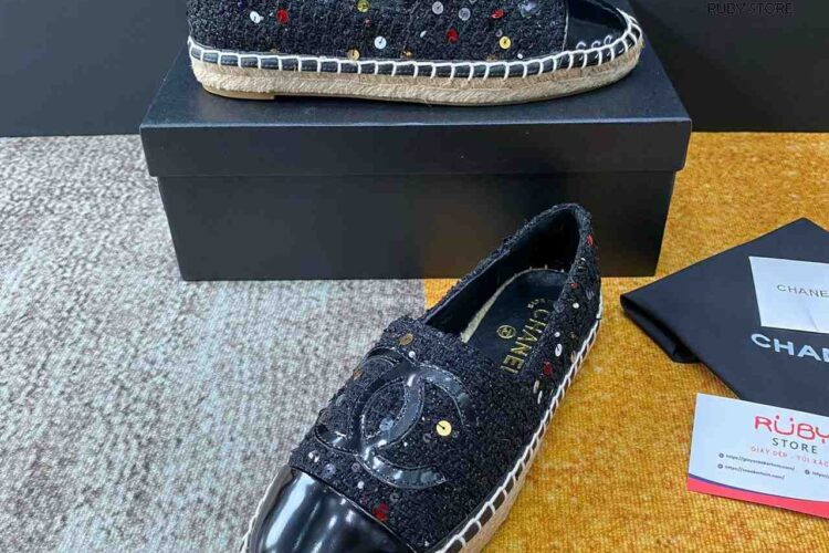 Giày CN Espadrille Black Tweed Patent Calfskin Đen Siêu Cấp Sale (Size 37)