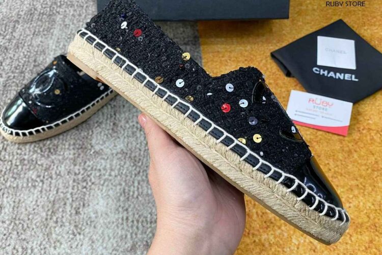Giày CN Espadrille Black Tweed Patent Calfskin Đen Siêu Cấp Sale (Size 37)