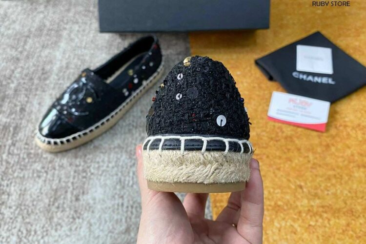 Giày CN Espadrille Black Tweed Patent Calfskin Đen Siêu Cấp Sale (Size 37)