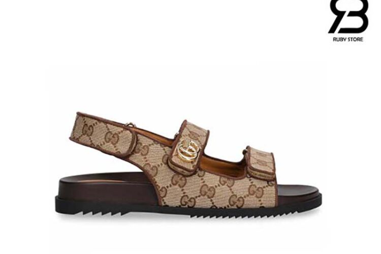 Dép Gucci Sandal With Double G Beige Ebony GG Canvas Be Nâu Siêu Cấp